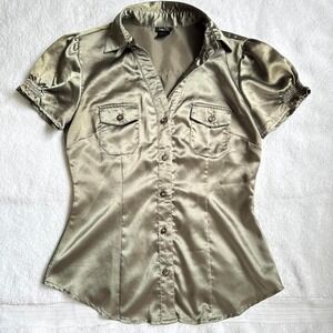Grey satiny button up blouse with short sleeves